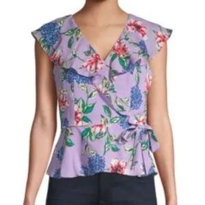 Parker Manny Purple Floral Wrap Effect V Neck Ruffled Sleeveless Blouse Size S